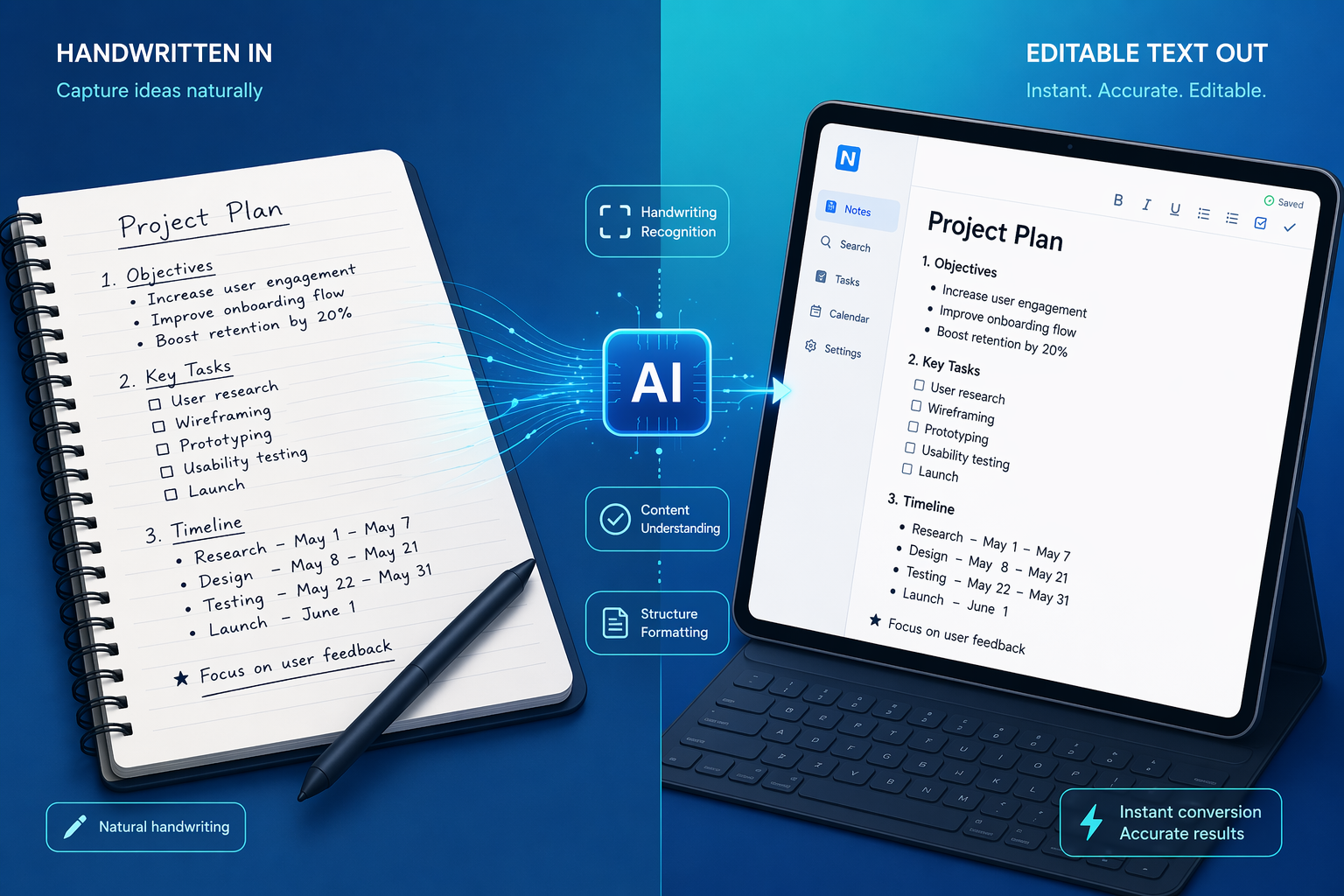 Split-screen illustration: handwritten notebook on the left, digital text on a laptop screen on the right, connected by a translucent blue AI processing flow line.