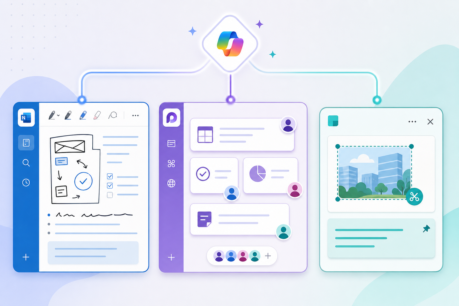 Split-panel illustration showing OneNote, Loop, and Sticky Notes as three connected apps within the Microsoft 365 ecosystem.