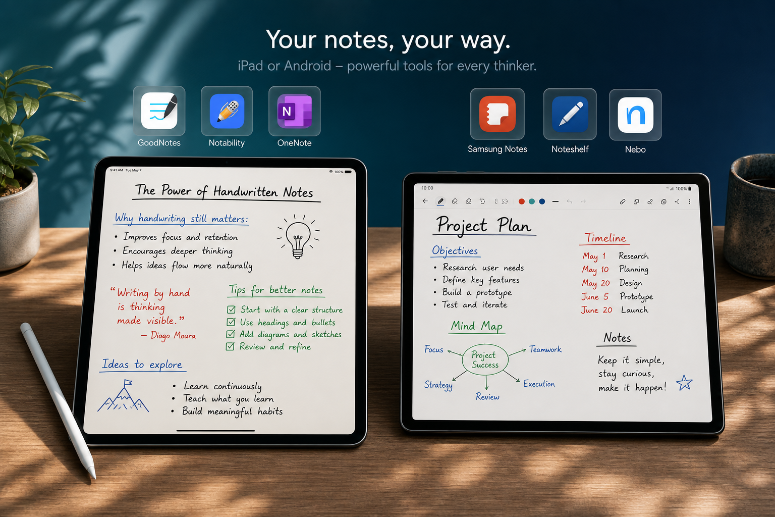 Flat-lay composition on a wooden desk surface showing a stylus resting diagonally between an iPad and an Android tablet, each displaying handwritten notes in multiple ink colors. Semi-transparent app icons for GoodNotes, Notability, OneNote, Samsung Notes, Noteshelf, and Nebo float above each tablet.