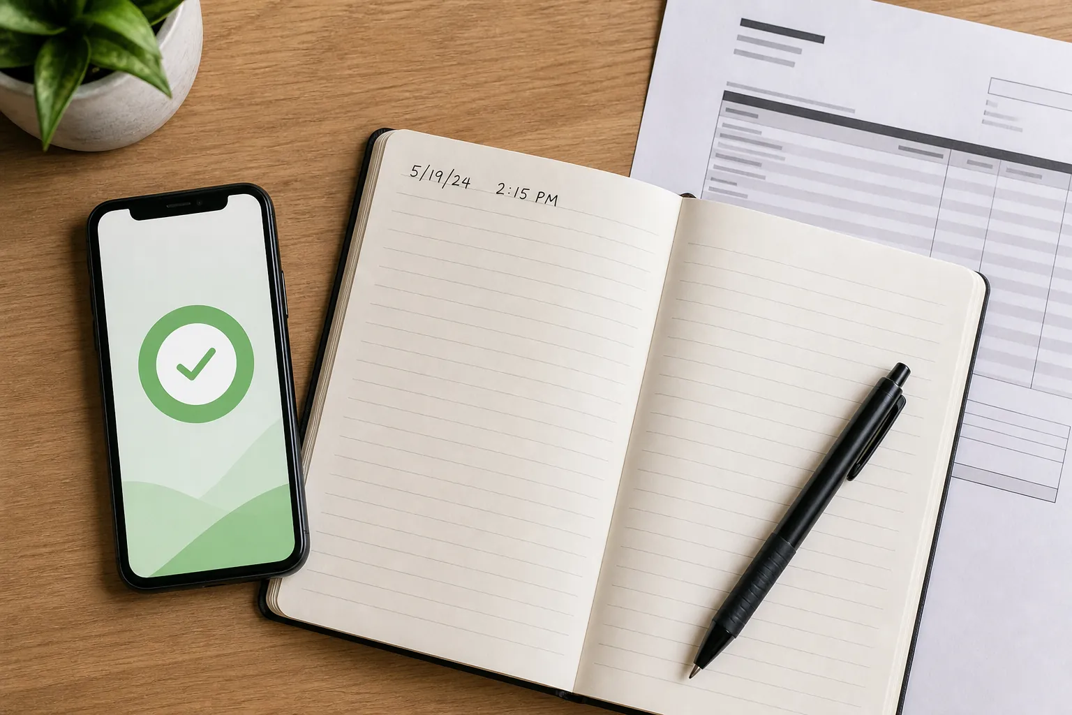 Phone with confirmation icon beside notebook time notes and a printed invoice