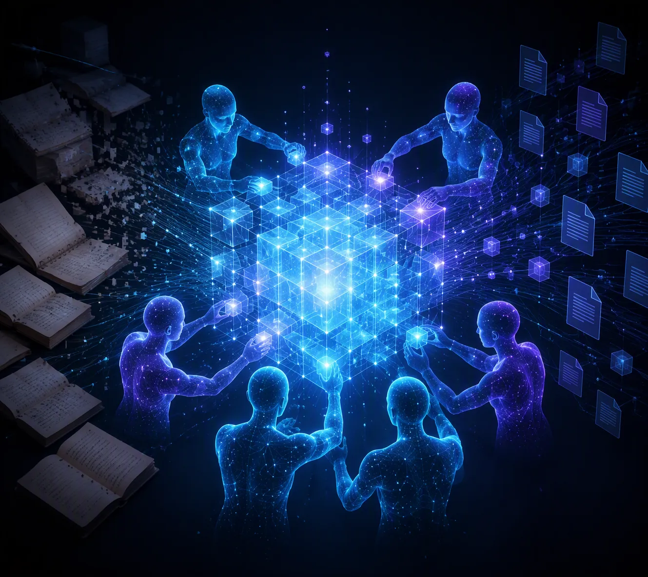 Glowing structured data cube surrounded by AI agent figures, with paper notebooks fading in the background