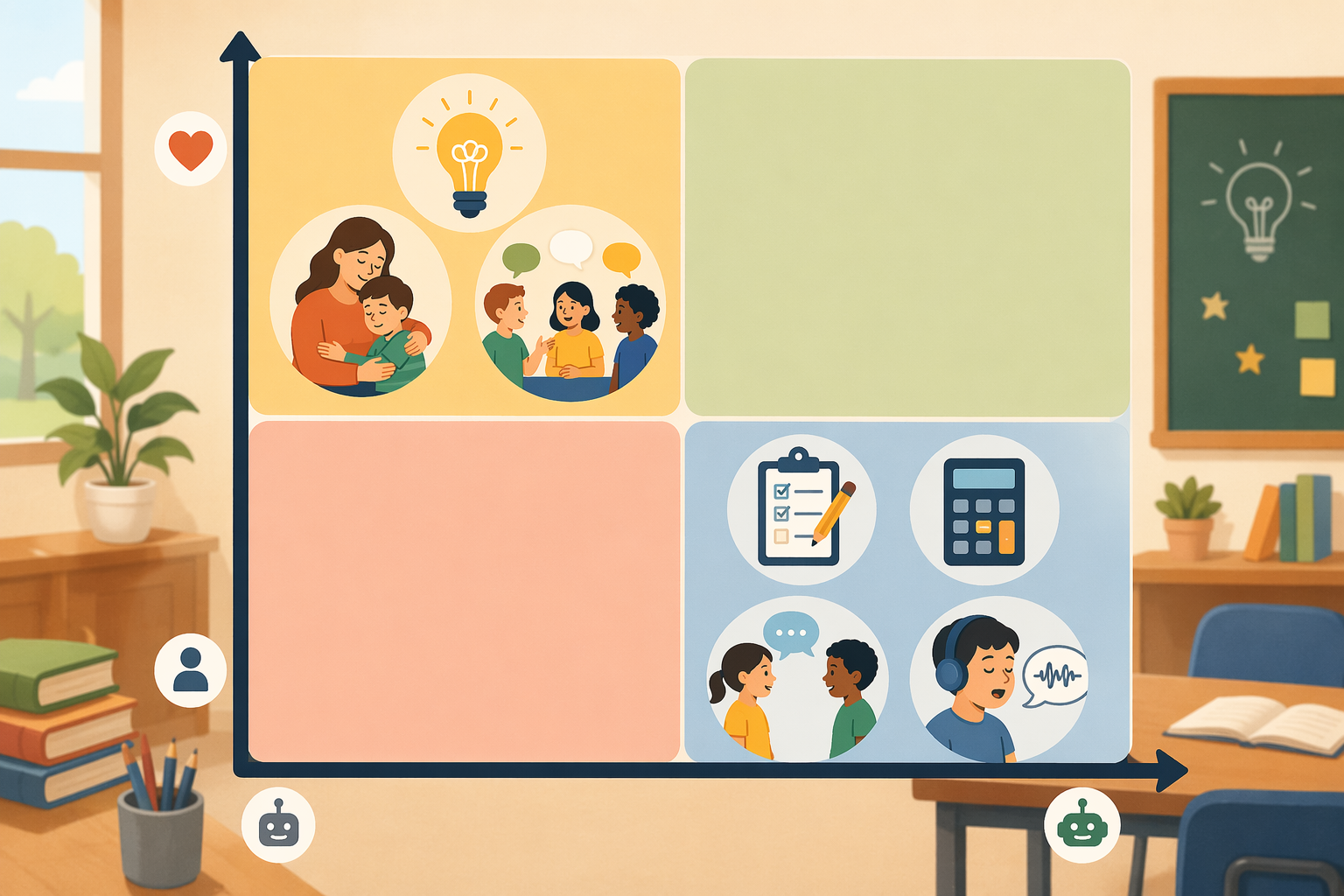 A 2 by 2 grid sorting classroom teaching tasks by teacher value and robot suitability
