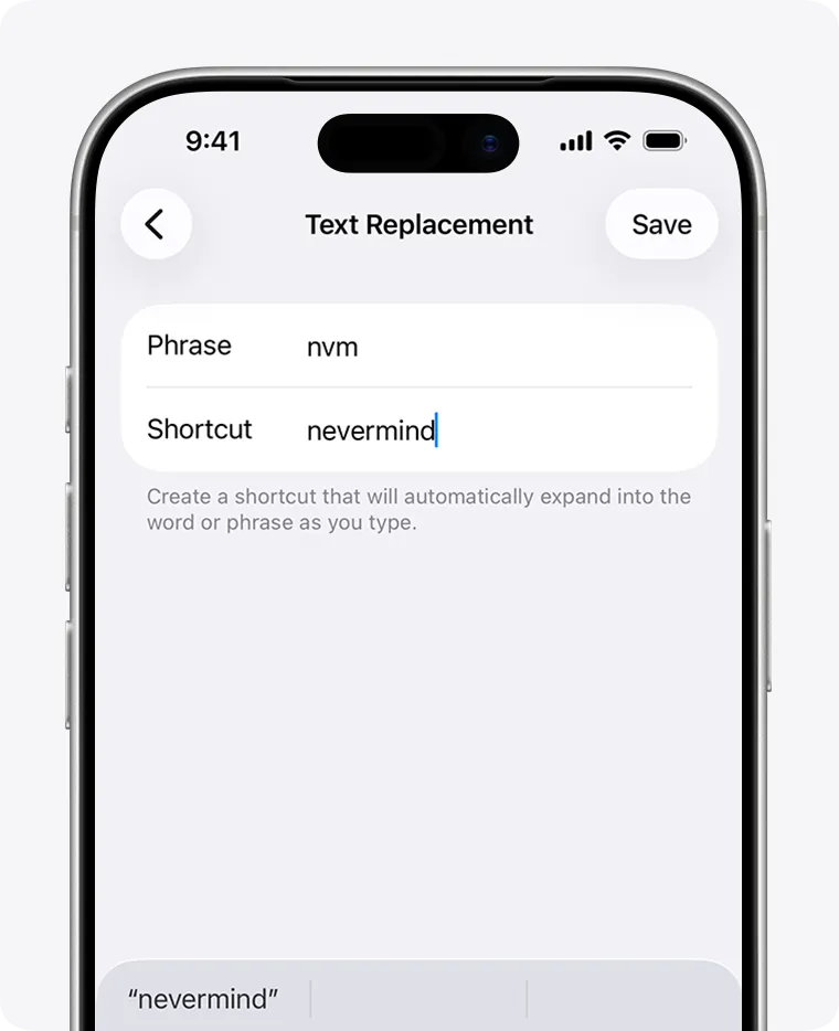 iPhone Settings screen showing the Text Replacement entry under keyboard settings