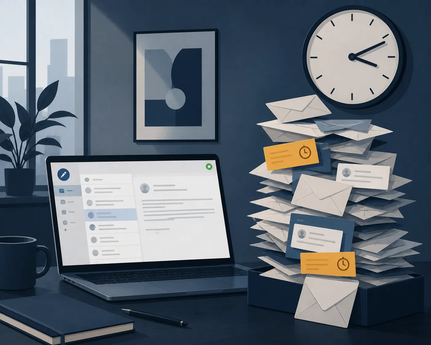 Laptop showing restored email beside a growing stack of delayed messages under a wall clock