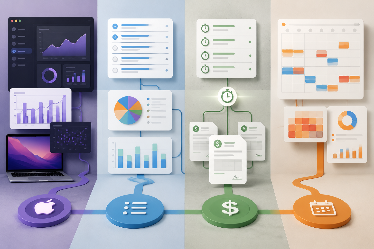 Four Pomodoro analytics approaches showing Apple-style focus trends, task reports, invoice-ready sessions, and calendar-based metrics