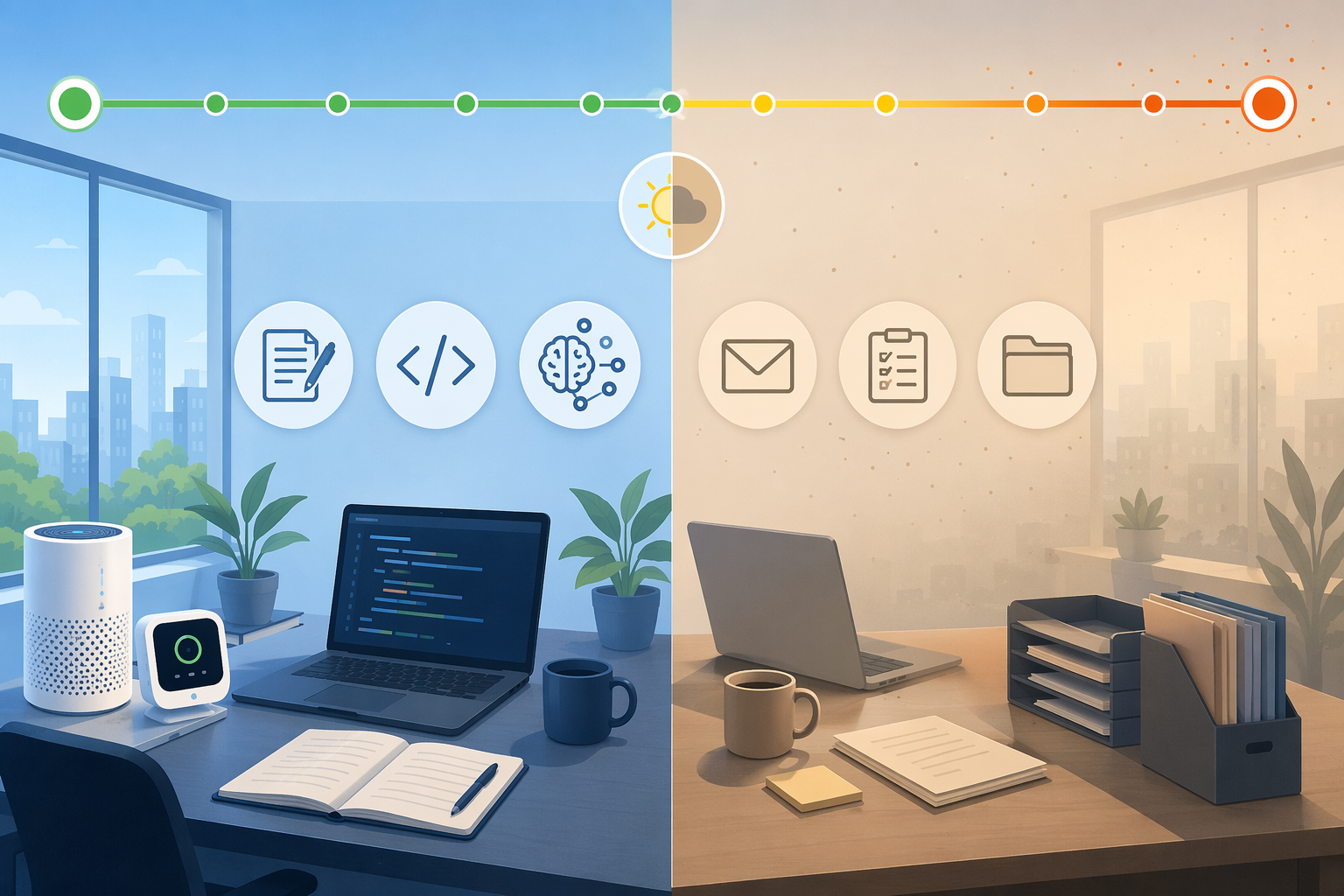 Daily timeline showing high-focus work in cleaner morning hours and administrative tasks later in hazier conditions