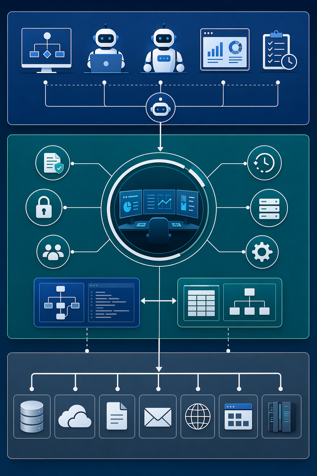 Enterprise automation architecture showing applications, a secured Control Room, digital workers, Process Studio, and Object Studio