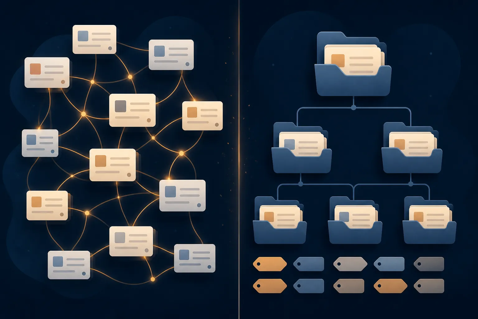 Split illustration showing semantic note retrieval on one side and structured folders and tags on the other