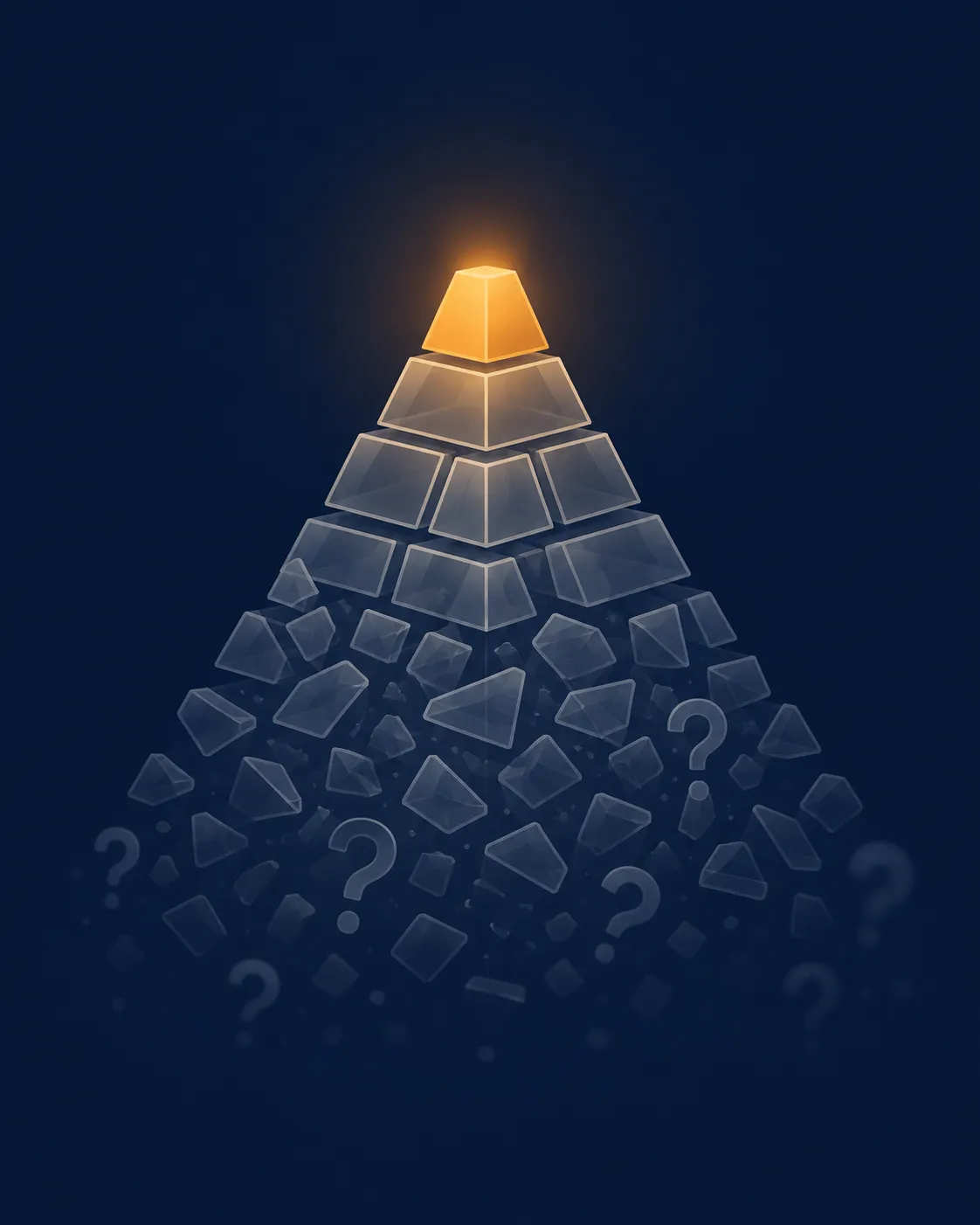 Evidence pyramid with a small glowing supported core above a wide base of fragmented uncertain advice