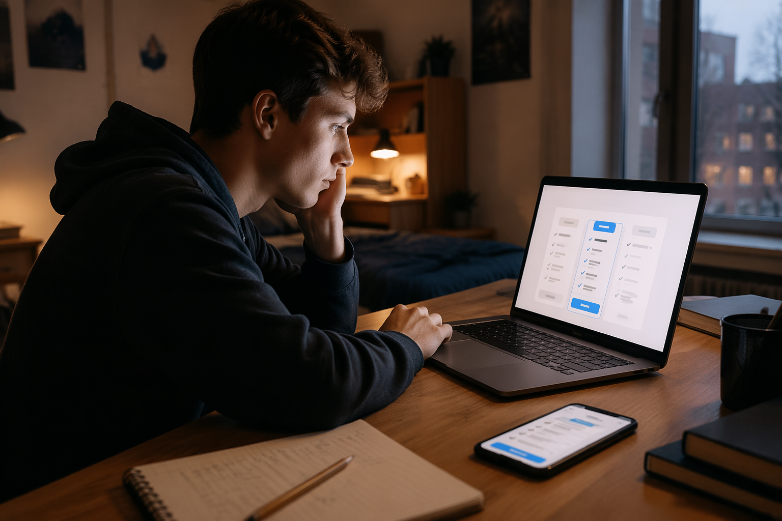 Student hesitating at a laptop payment screen with notebook and phone nearby