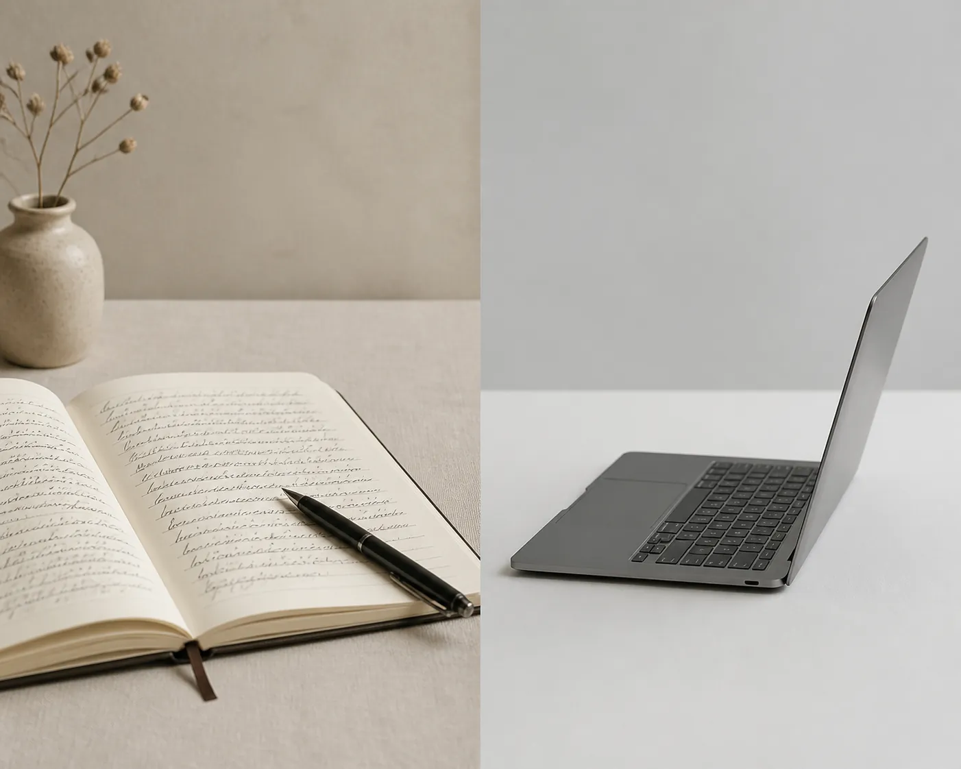 A notebook with handwritten notes beside a closed laptop