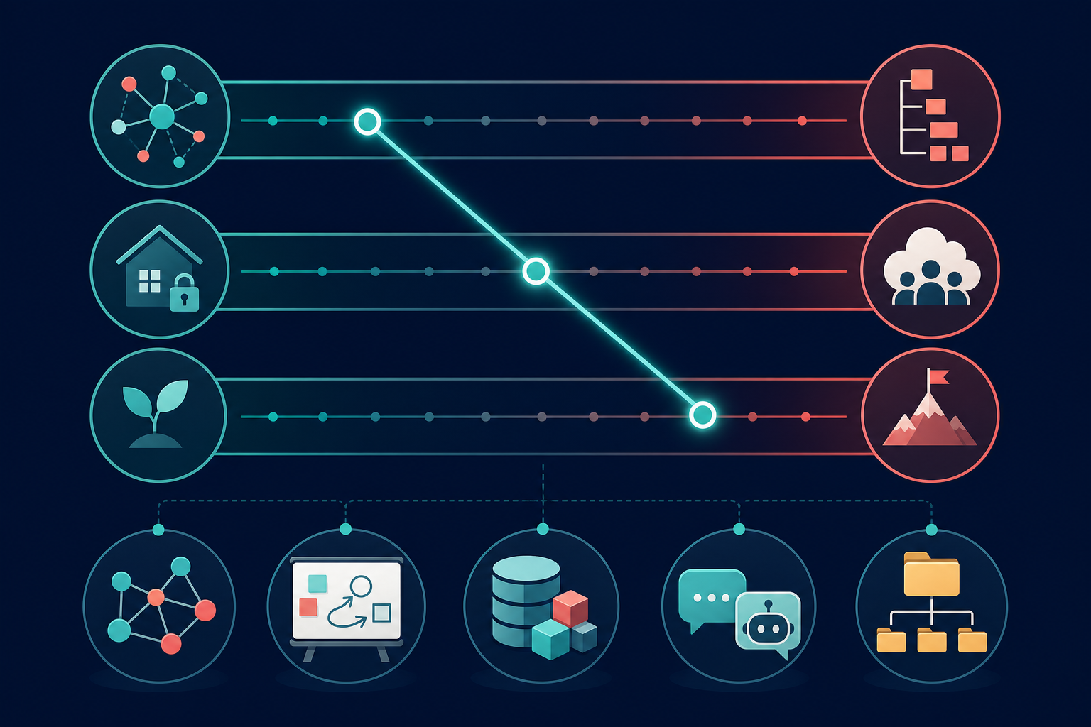 A flat vector decision framework illustration on a deep navy background with three horizontal bars representing decision axes: networked vs structured thinking, local/private vs cloud/collaborative, and low vs high setup investment.