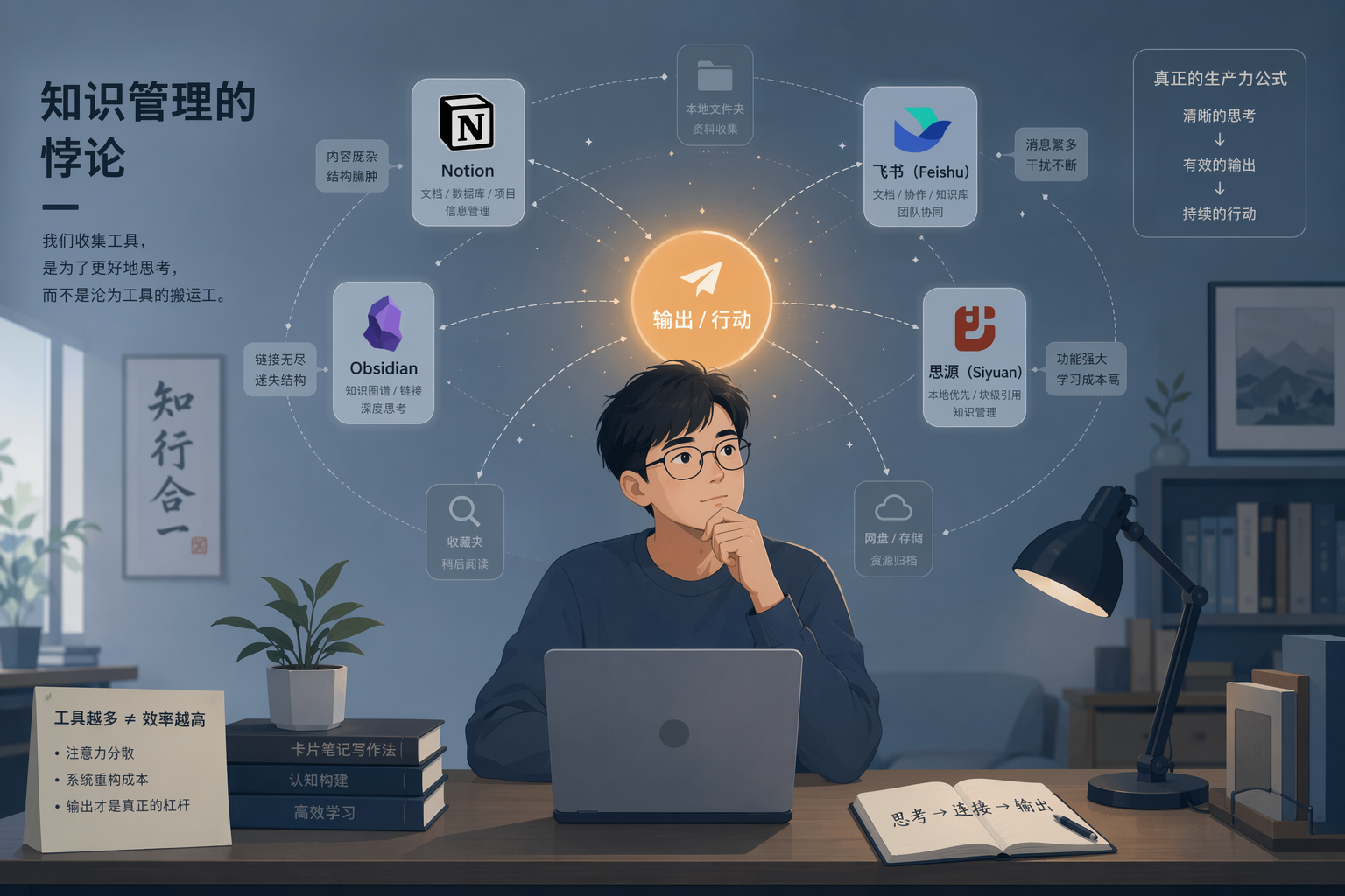 一位中国知识工作者坐在桌前,周围漂浮着Notion、Obsidian、飞书、思源四个暗淡的工具图标,中心有一束明亮的琥珀色光芒代表输出与行动,传达出工具越多不等于生产力越高的悖论。