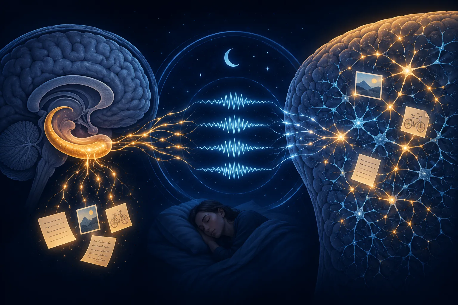 Scientific illustration of sleep spindles helping move captured information from the hippocampus into a larger neural network