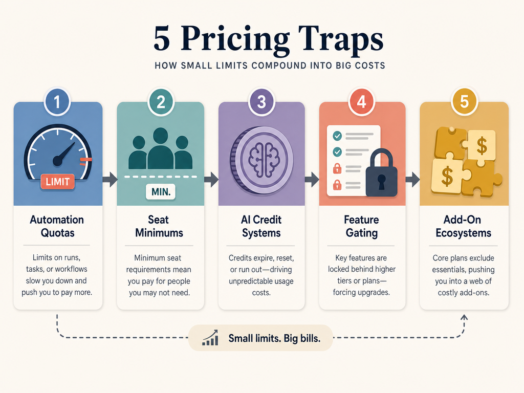 Five numbered card-style panels representing the five pricing traps: Automation Quotas, Seat Minimums, AI Credit Systems, Feature Gating, and Add-On Ecosystems.