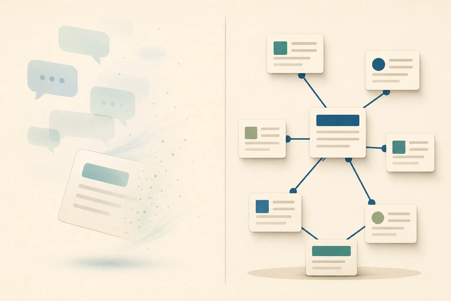 A comparison between fading chat bubbles and solid connected note cards