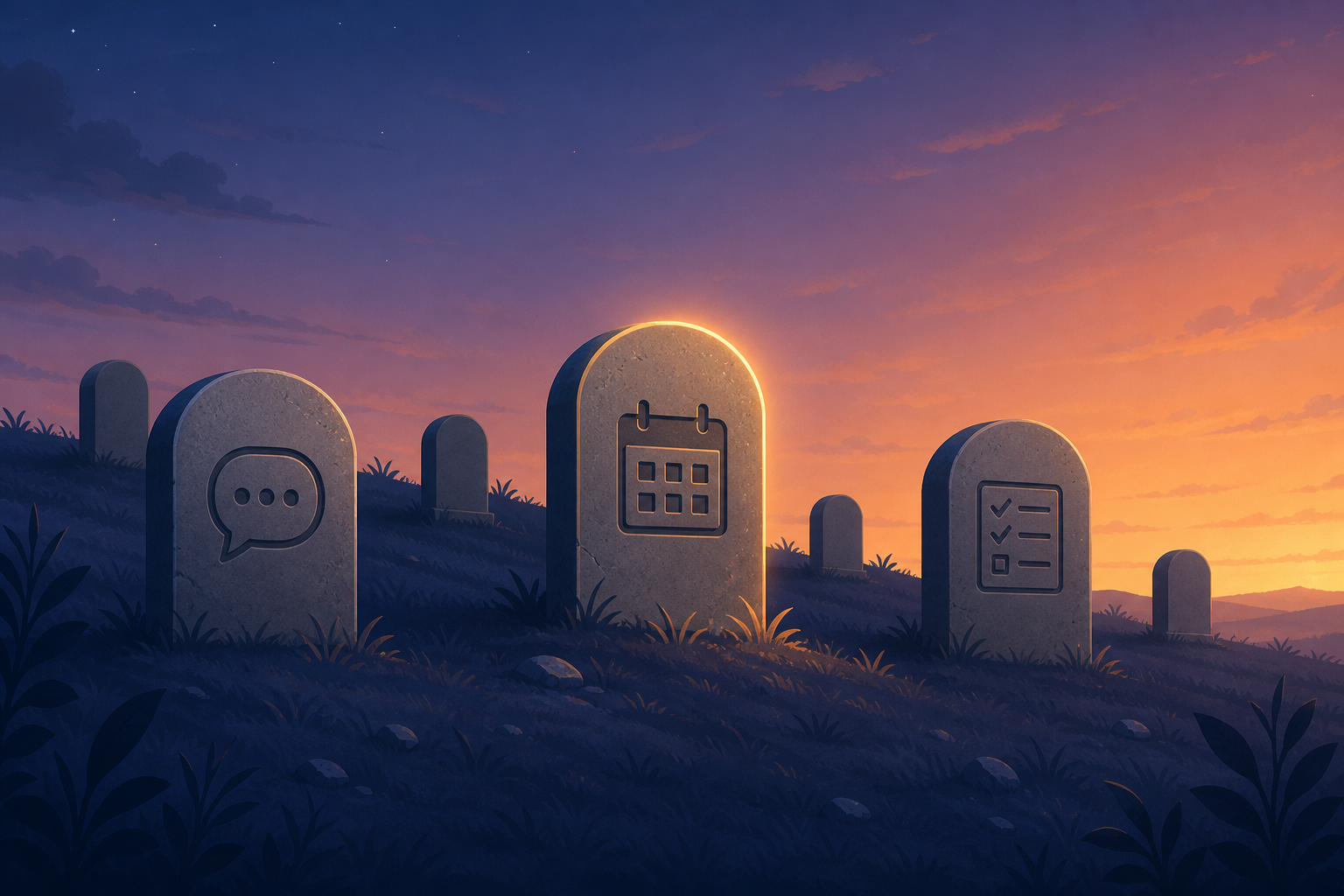 A minimalist graveyard scene at dusk with small stone tombstones bearing abstract symbols — a chat bubble, a calendar, a task list — stretching across a gentle hill under a blue-to-orange twilight sky, with one stone near the center edged in a soft golden glow.