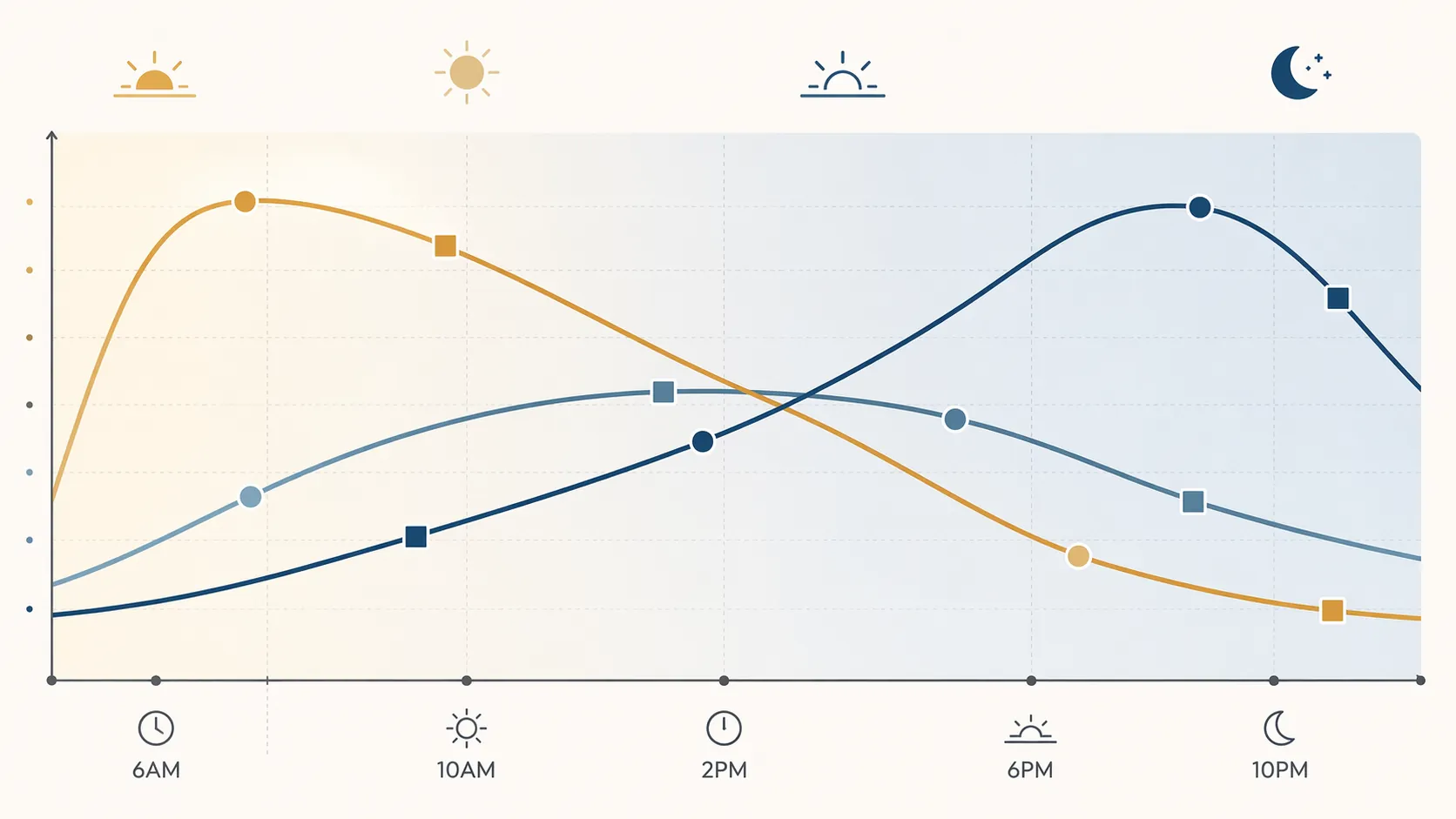 Three alertness curves showing different daily peaks for morning larks, night owls, and intermediate chronotypes