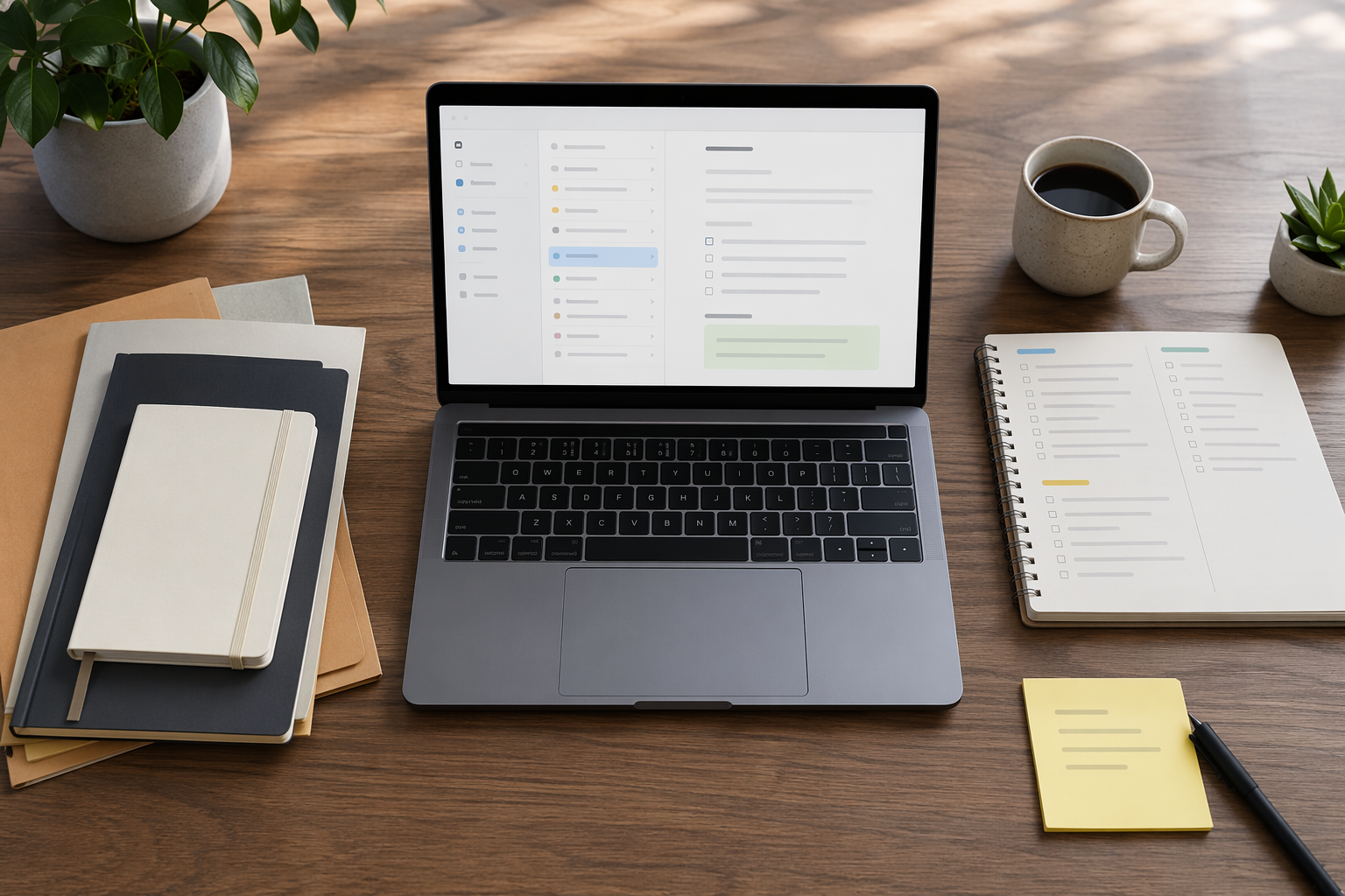 Laptop workspace with notes interface, folders, planner layout, and quick-capture sticky note
