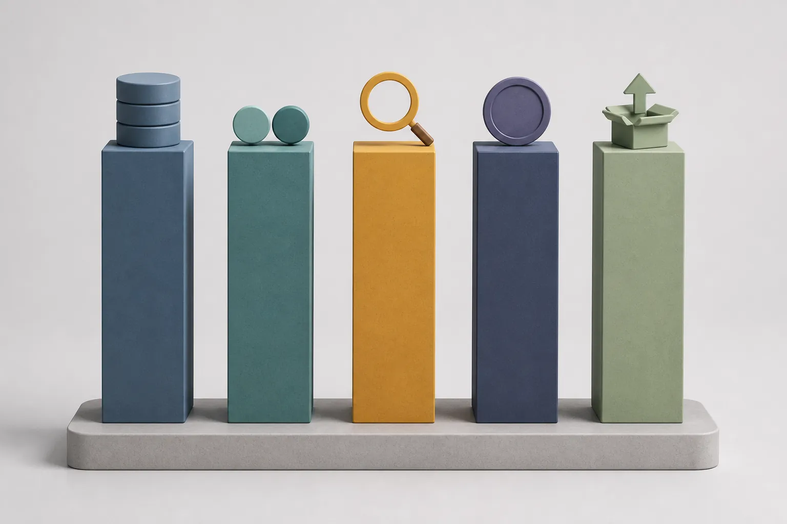 Five pillars representing database structure, collaboration, search, pricing, and export
