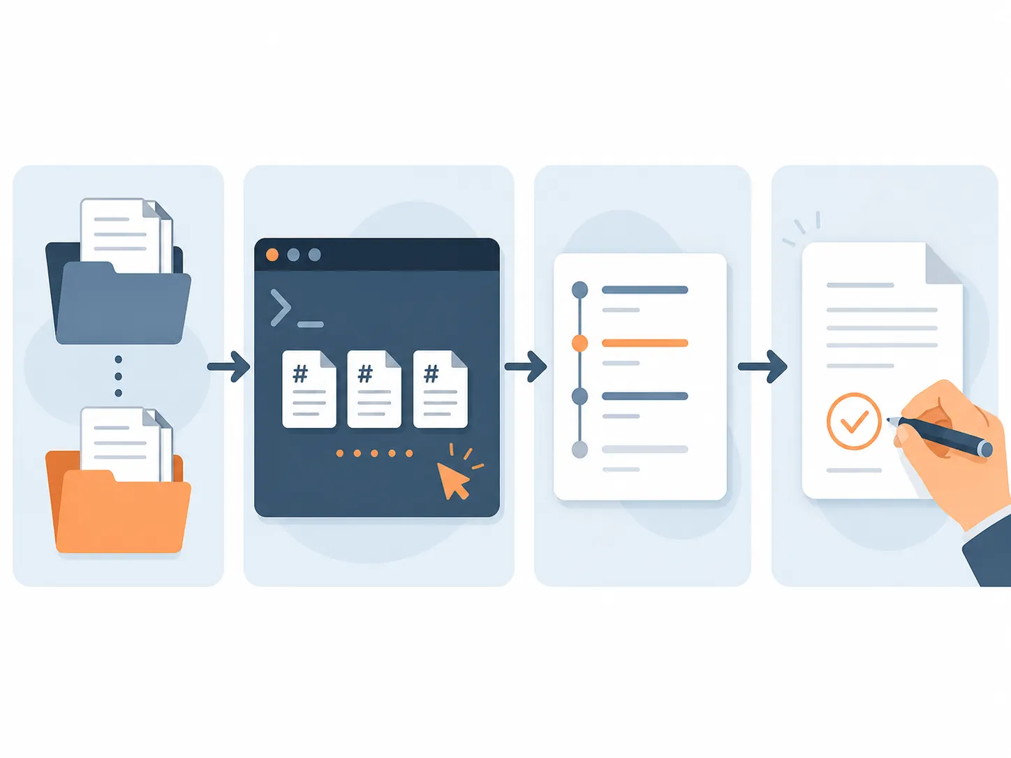 Four-step local note workflow from file copy to terminal processing, audit trail, and human approval