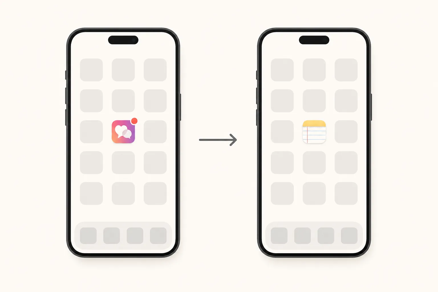 Two phone layouts showing a social icon replaced by a notes icon in the same grid position