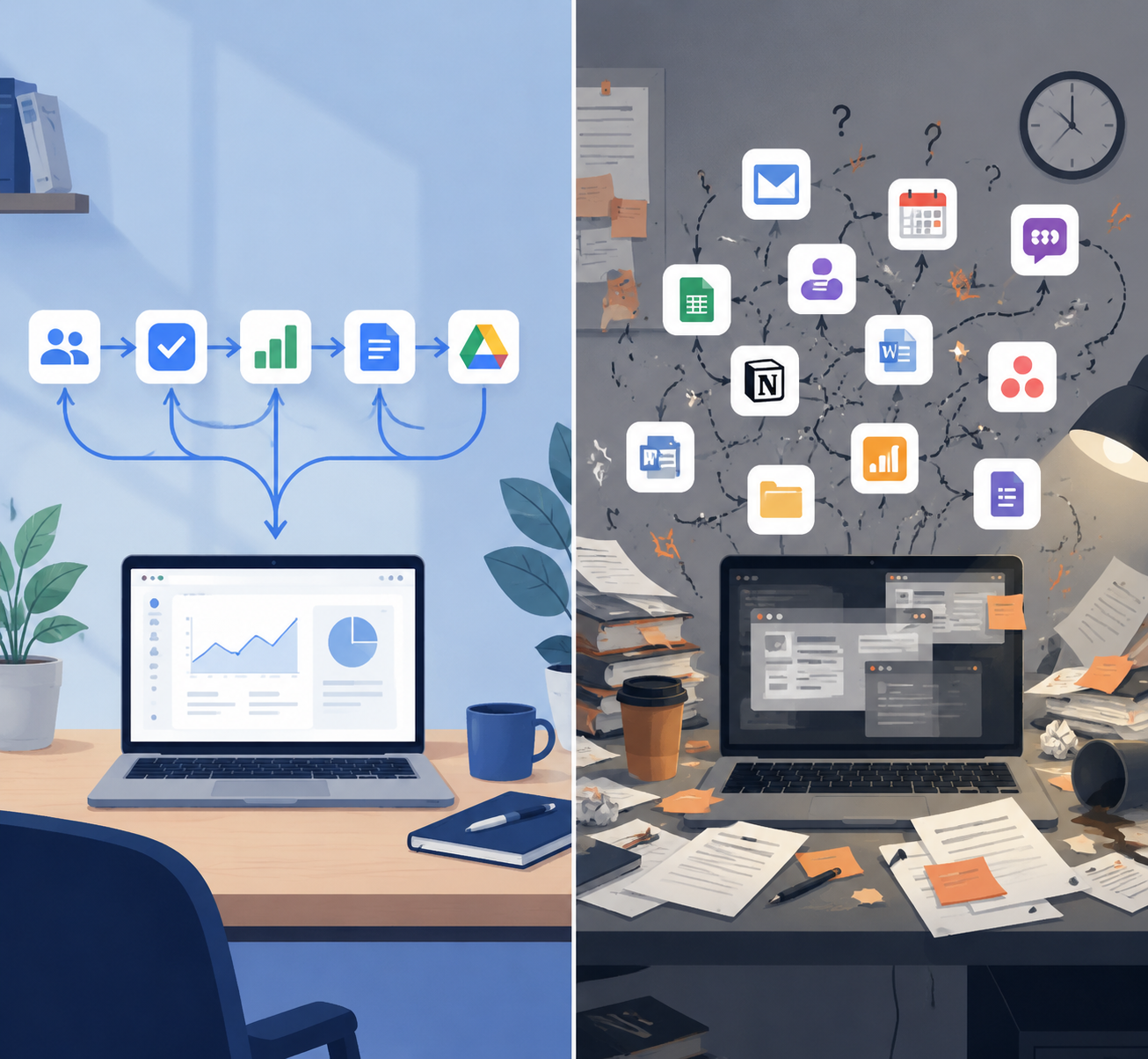 Comparison of a tidy desk with three to five connected AI tools and a cluttered desk with more than ten disconnected apps