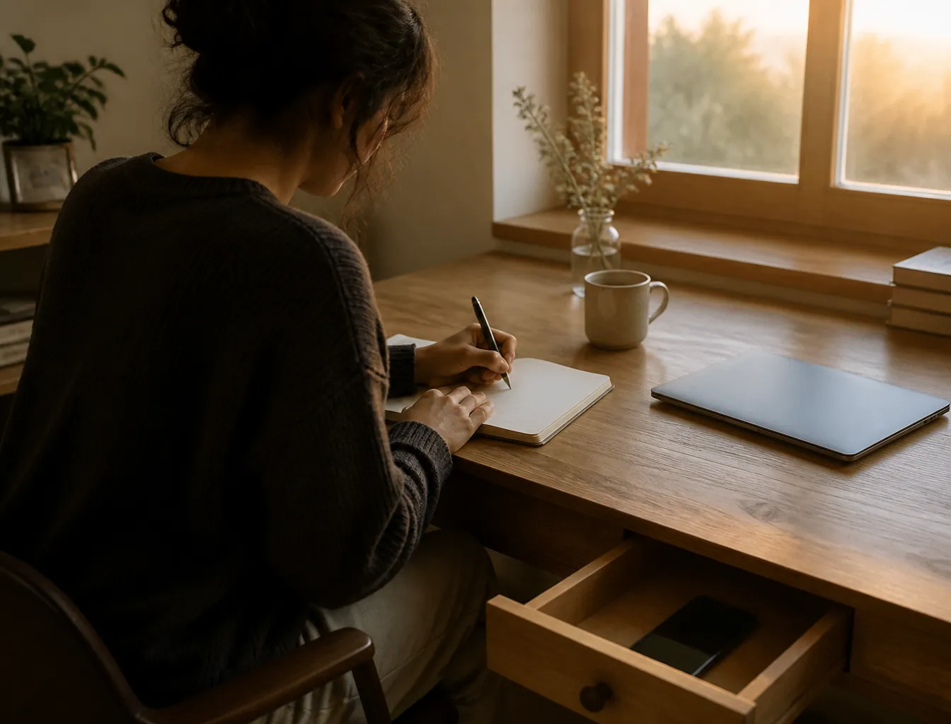 Person writing at a clean desk with laptop closed and phone placed out of reach