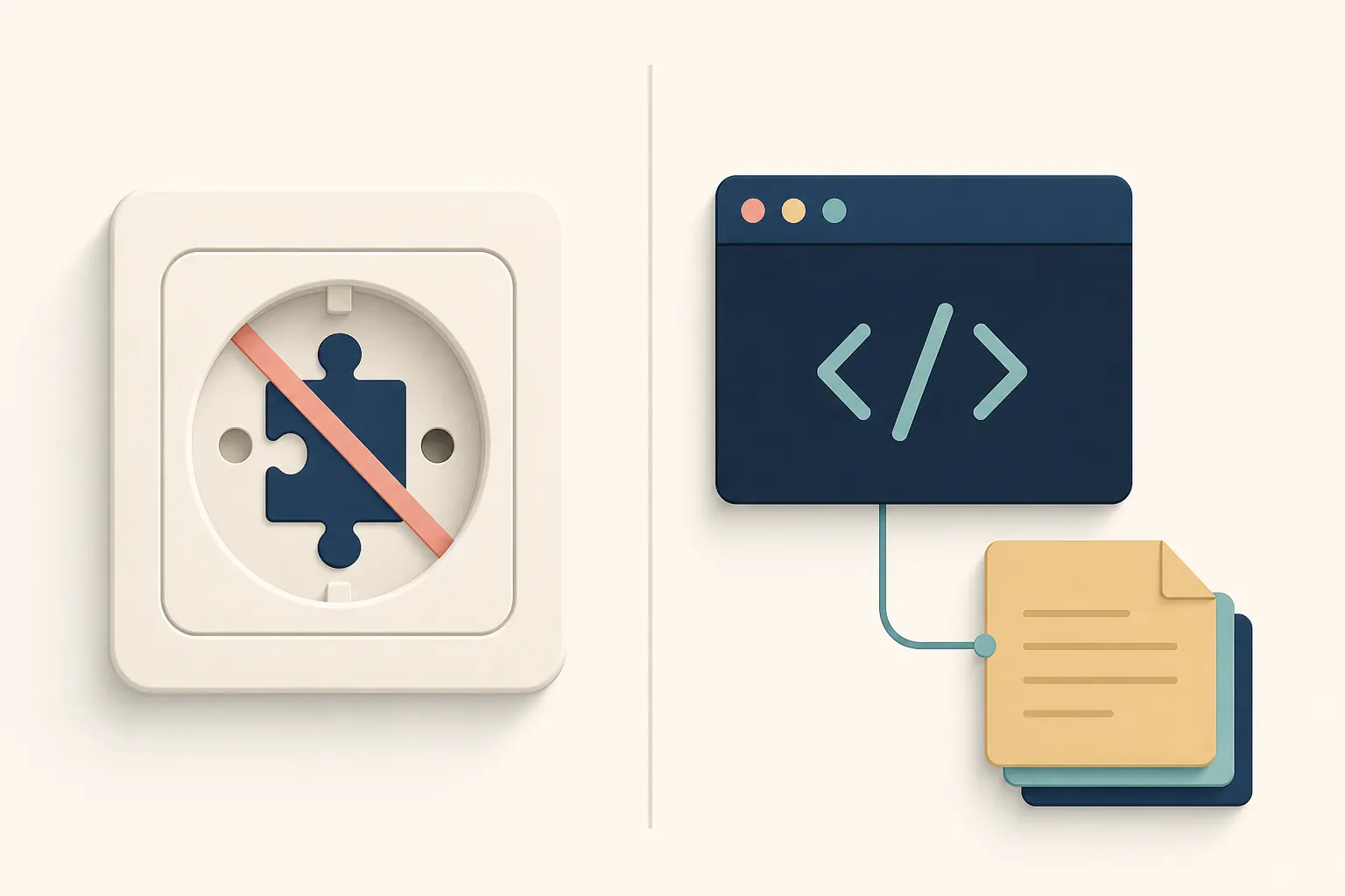 Illustration contrasting a crossed-out plugin socket with a terminal connected to note files