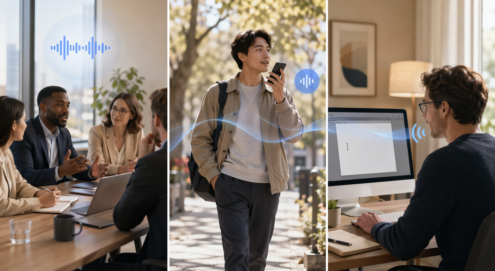 Three common voice note workflows: meeting capture, solo voice notes, and laptop dictation