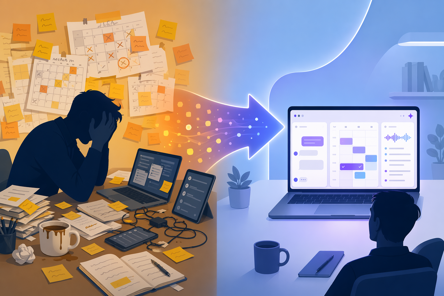 A split illustration showing a cluttered, stressful desk on the left transforming into a calm, organized workspace with AI tools on the right.