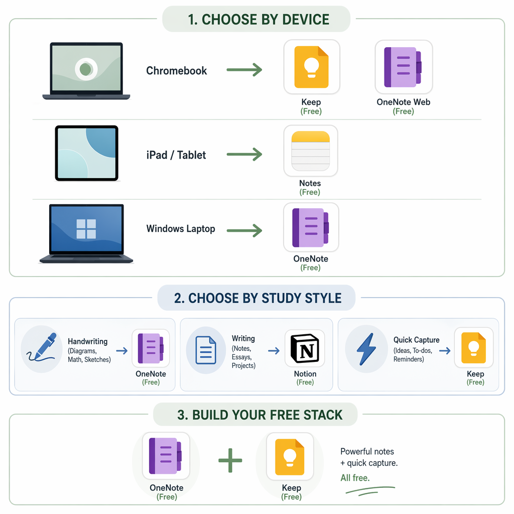 A decision flow infographic showing device icons (Chromebook, iPad, Windows laptop) with arrows to recommended free app icons, study-style icons with arrows to apps, and a free-stack pairing shown by two app icons connected by a plus symbol.