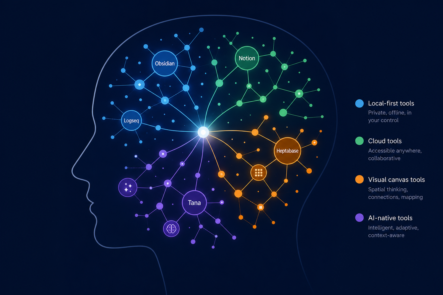 A human silhouette head in profile with a luminous constellation-like network of color-coded nodes radiating inside, representing the second brain concept for personal knowledge management.