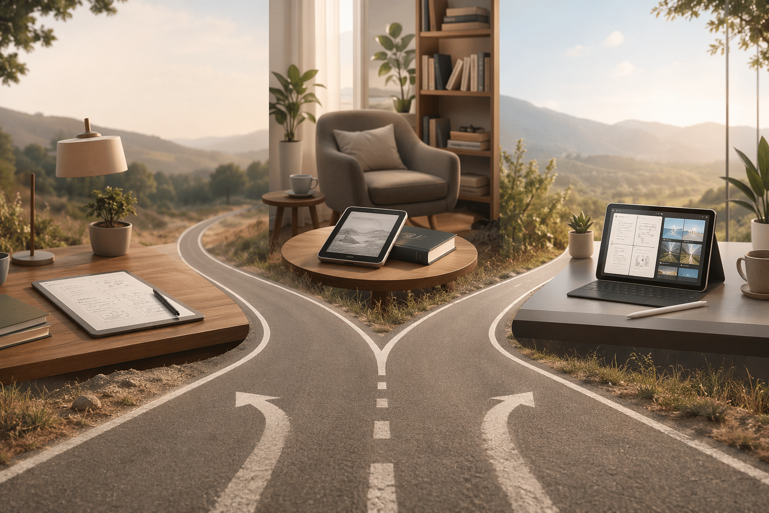 Three diverging paths leading to writing-first, reading-first, and do-both note-taking environments
