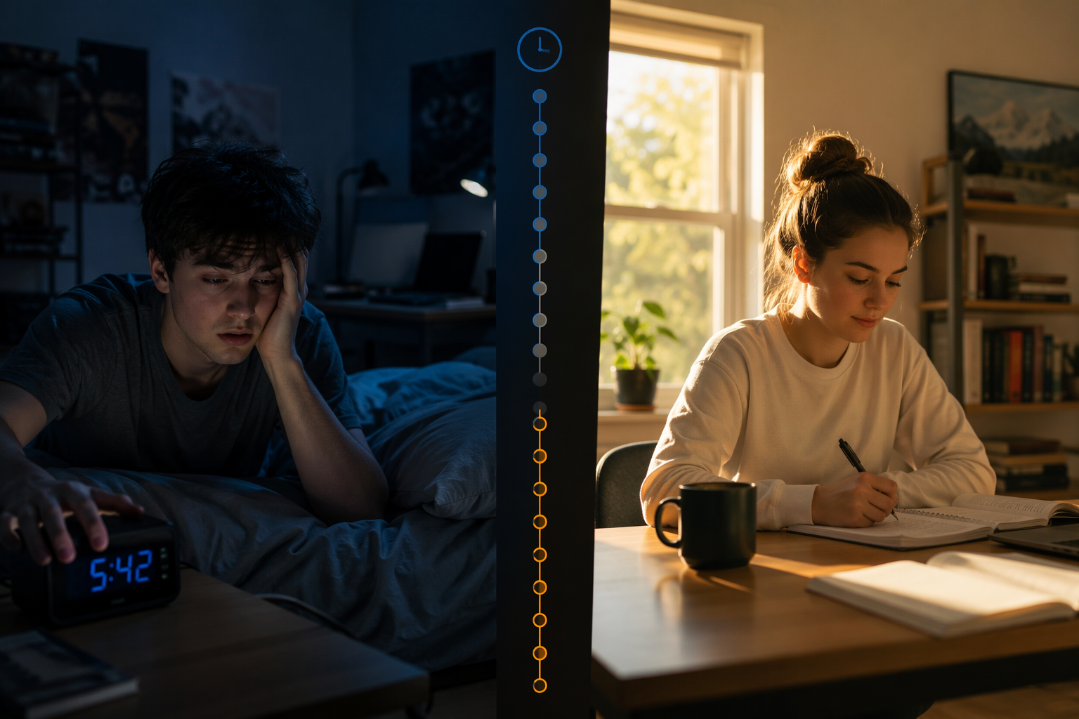 A split image contrasting a tired night owl with an alert early bird after daylight saving time.