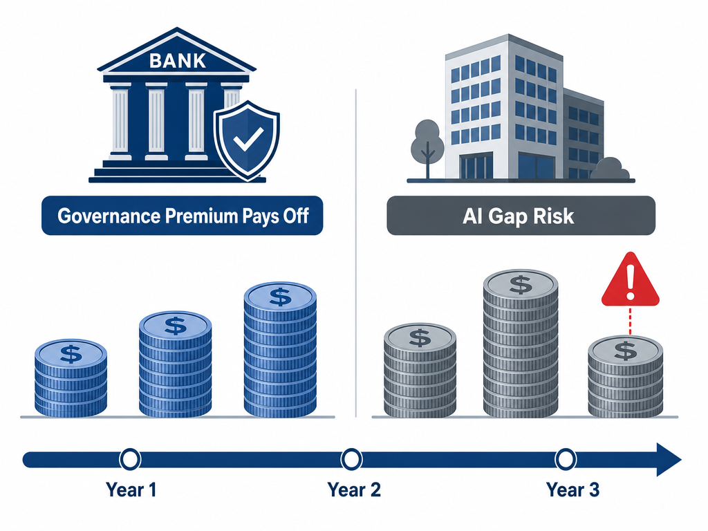 A side-by-side comparison of two enterprise profiles over a 3-year timeline. Left: a bank building with a shield and three coins growing steadily, labeled 'Governance Premium Pays Off.' Right: a modern office icon with three coins growing faster initially but with a warning icon in year 3, labeled 'AI Gap Risk.' A timeline bar shows Year 1, Year 2, Year 3 at the bottom.