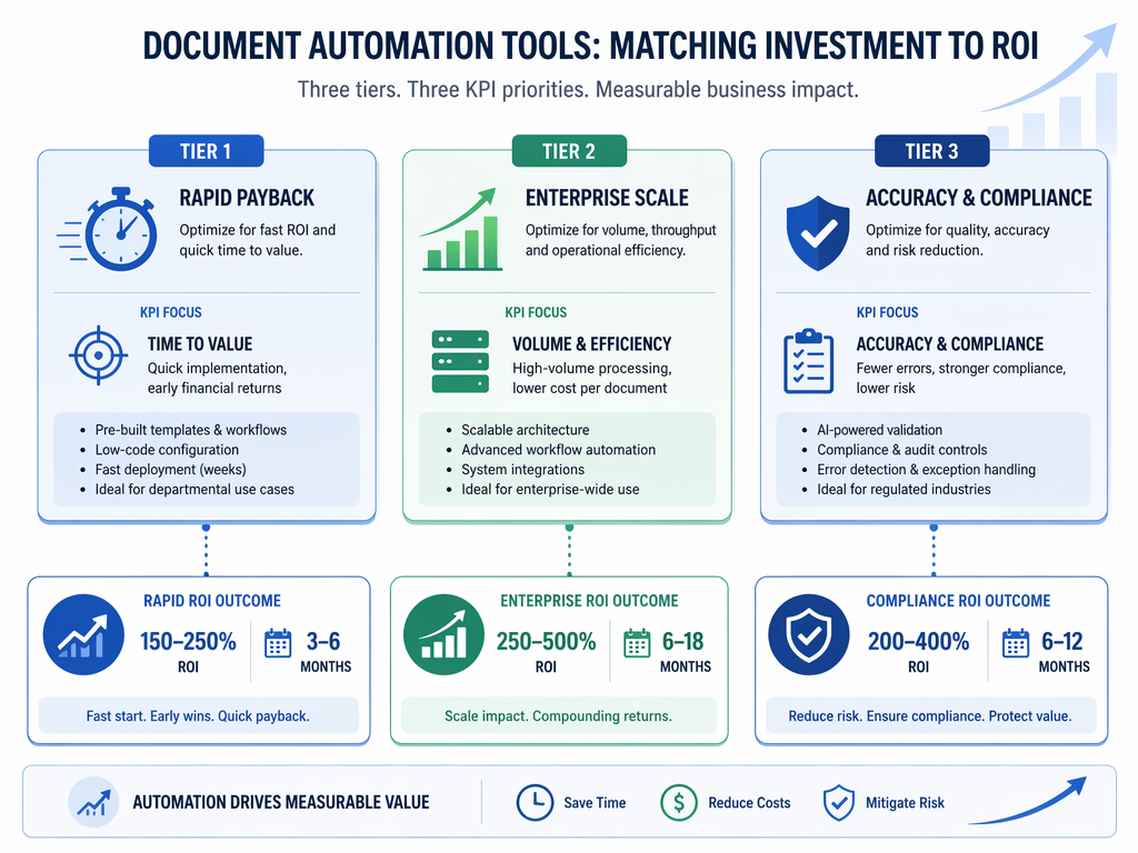 Clean comparison illustration showing three stylized document automation tool cards side by side, each mapped to a different ROI outcome focus: rapid payback, enterprise-scale efficiency, and error reduction with compliance, connected by dotted lines to outcome badges showing ROI percentages and timeframes.