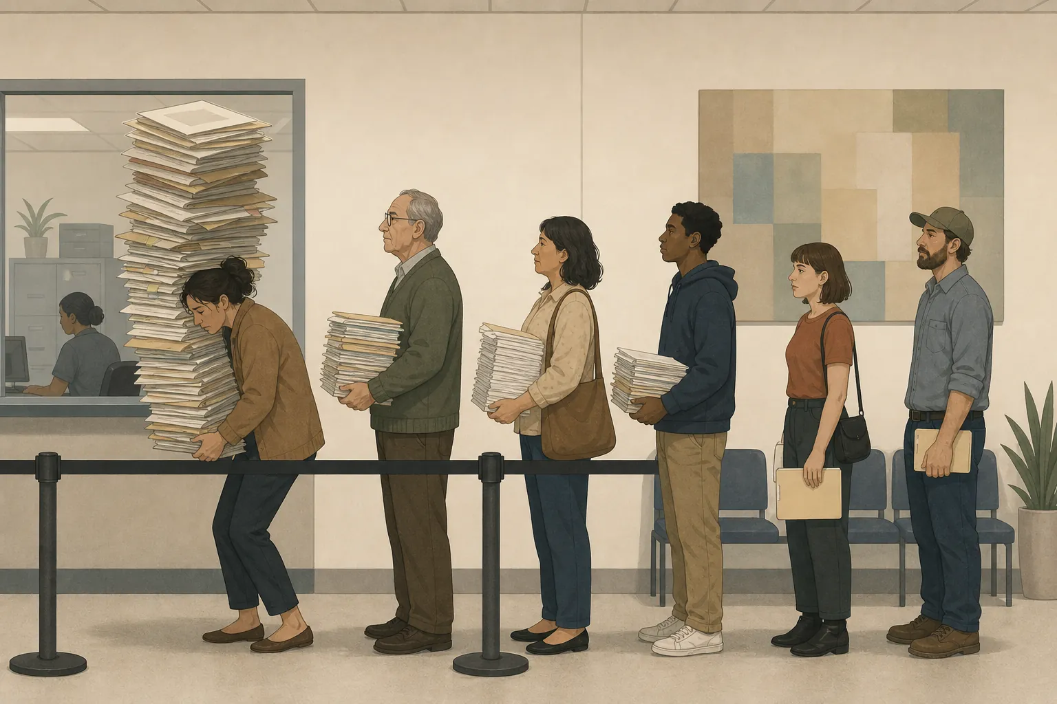 Citizens waiting with unequal stacks of institutional paperwork