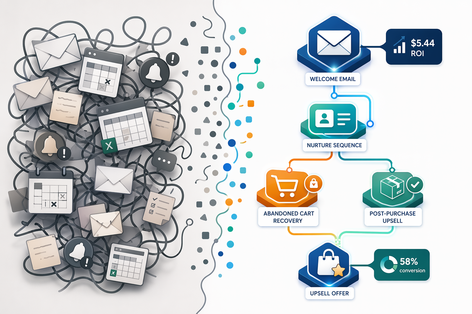 Split-screen illustration showing chaotic manual task icons transforming into an organized automated workflow flowchart with ROI annotation badges.