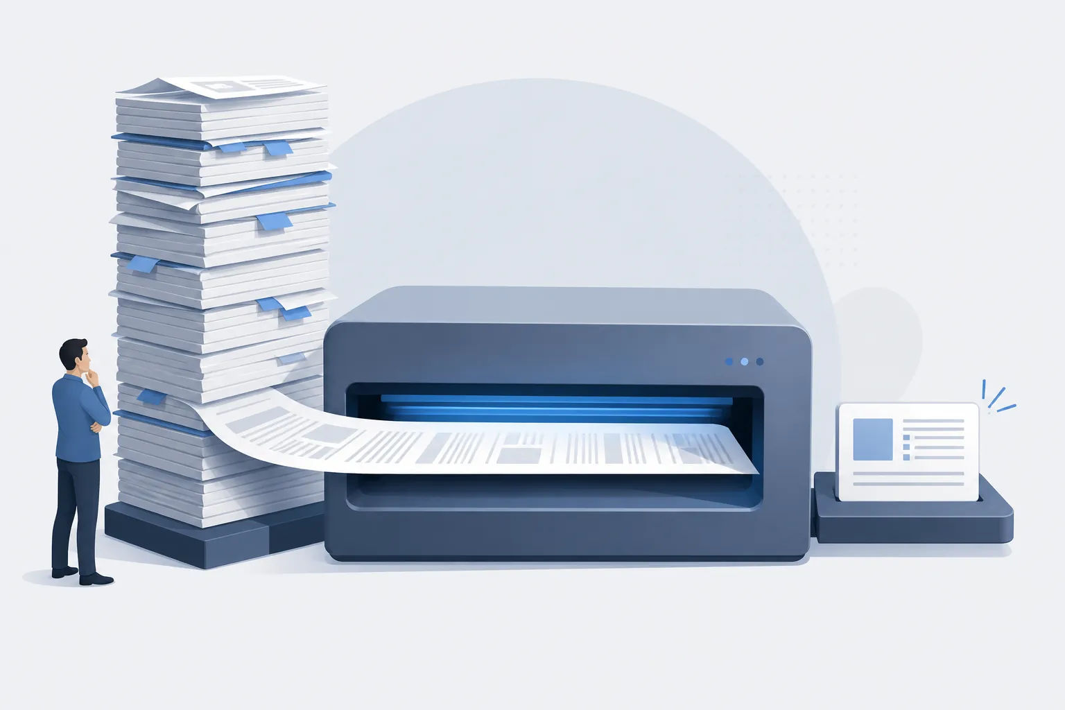 Large stack of documents feeding through a wide scanning aperture and emerging as a compact research note card