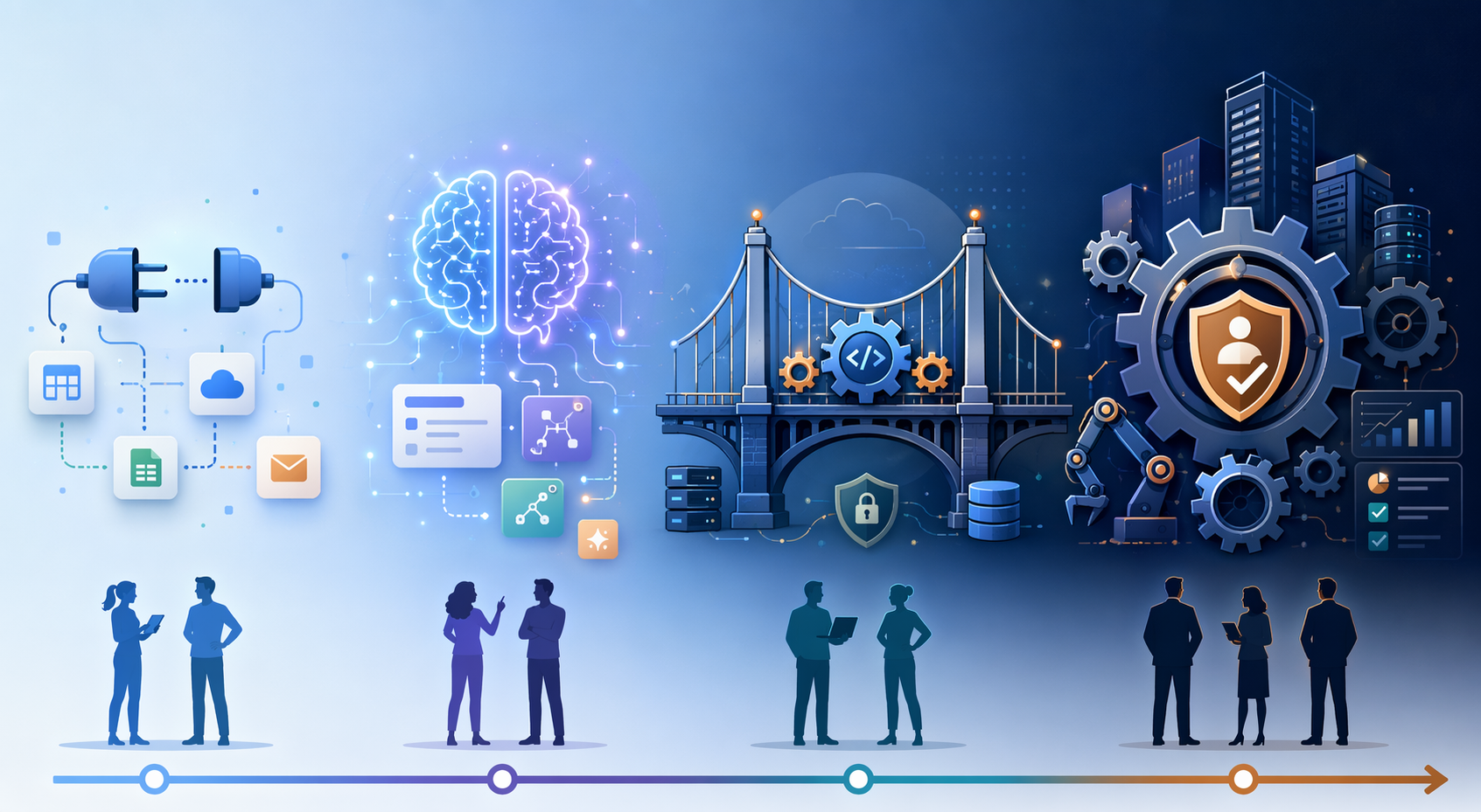 Four process automation tool categories shown as a spectrum from no-code connectors to enterprise RPA and iPaaS suites