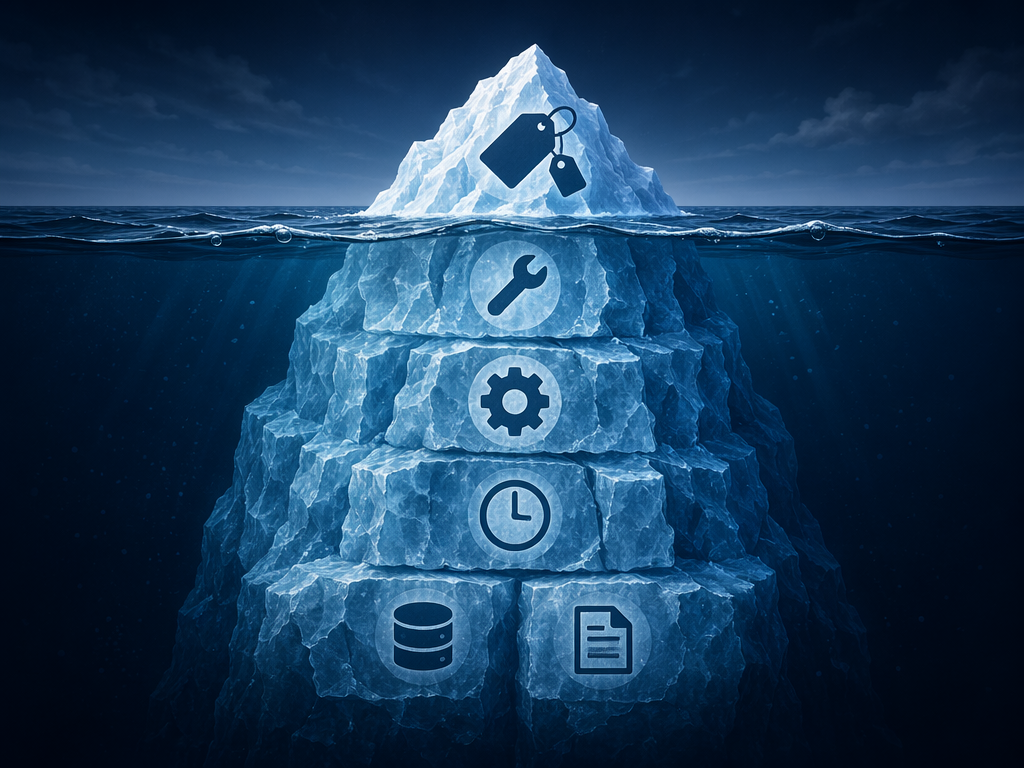 Iceberg showing visible license price above water and hidden automation ownership costs below