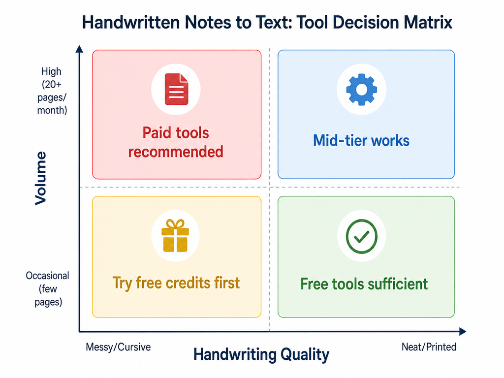 A decision matrix with four quadrants: handwriting quality on the x-axis from messy/cursive to neat/printed, volume on the y-axis from occasional to high. Quadrants show: paid tools recommended (top-left), try free credits first (bottom-left), mid-tier works (top-right), free tools sufficient (bottom-right).