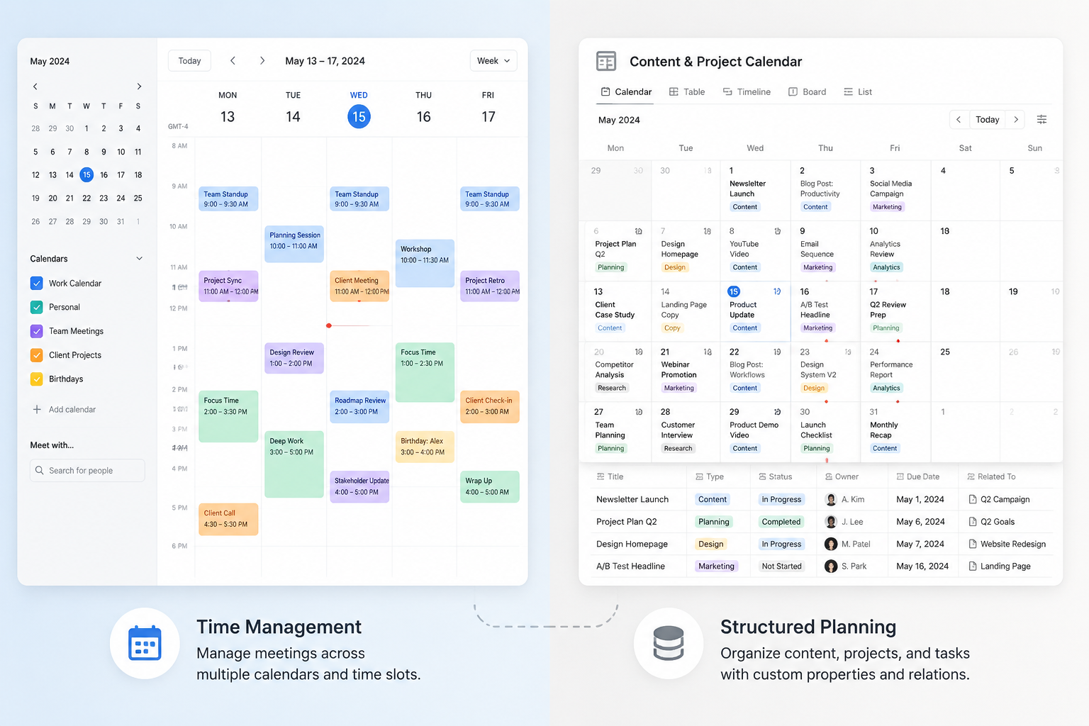 Split-screen comparison of a standalone calendar interface and a structured Notion database calendar