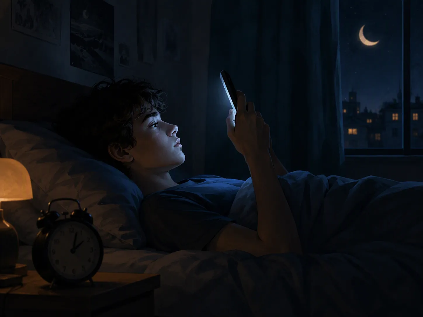 Teen lying in bed at night looking at a glowing smartphone beside a late bedside clock