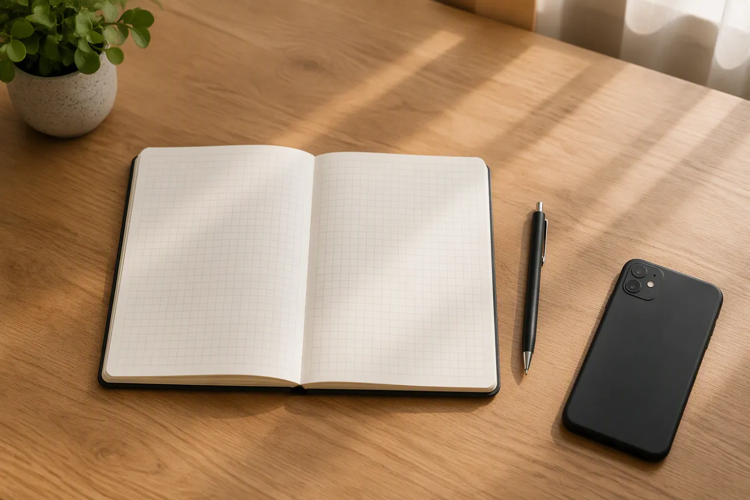 A minimalist desk with one open notebook, one pen, and a face-down smartphone in warm natural light