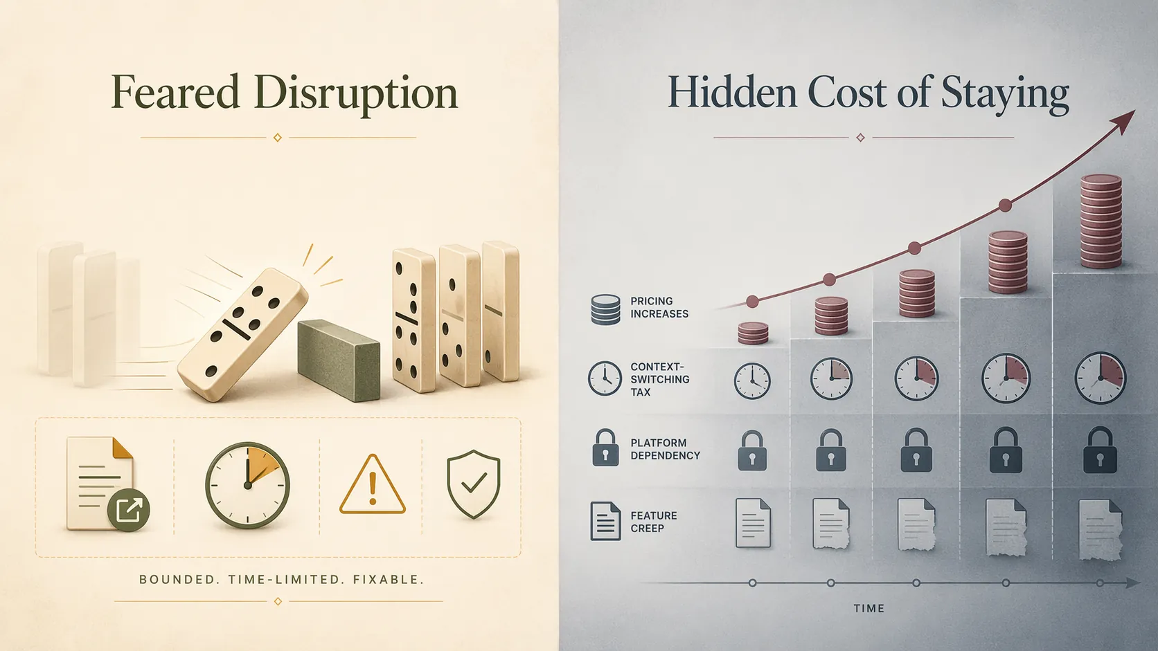 Comparison of feared migration disruption with the hidden compounding cost of staying in a bad system
