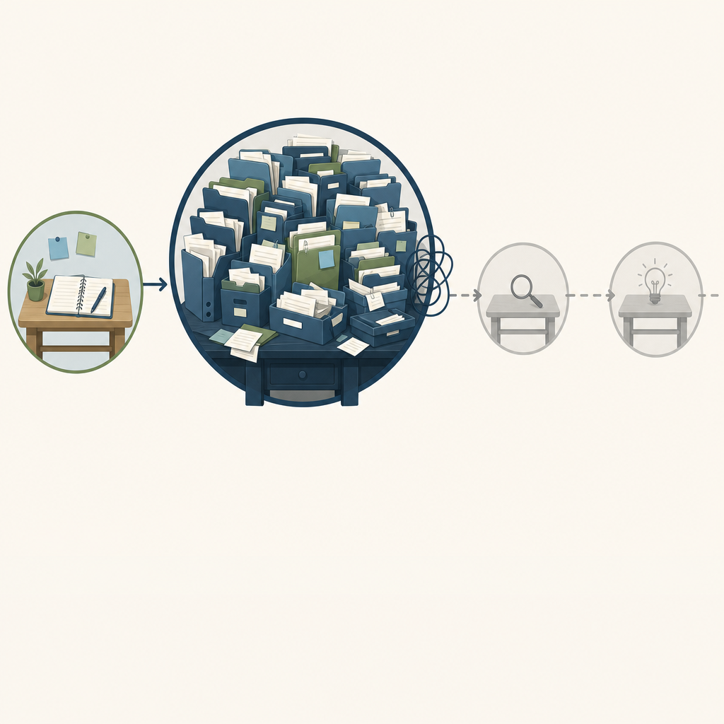 Four circular workstations arranged horizontally — Capture, Organize, Retrieve, Synthesize — where the Organize station is oversized and crowded with stacked folders, while Retrieve and Synthesize are small and faded.