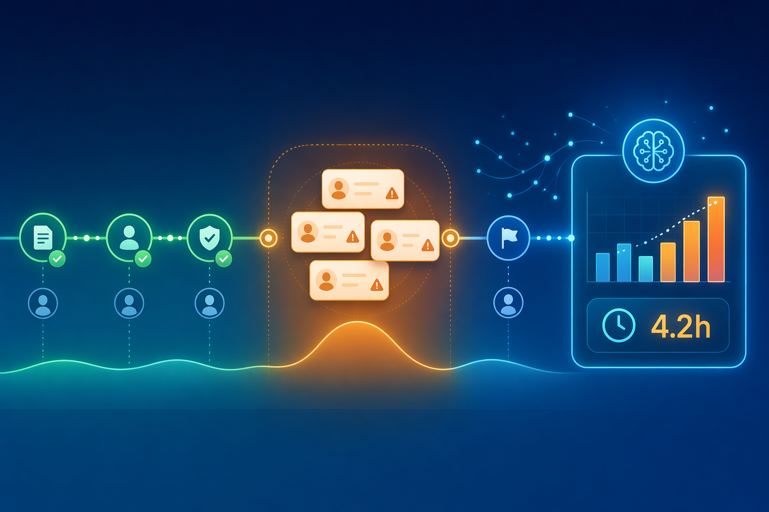 A flat-vector illustration showing a workflow pipeline with a bottleneck zone where approval cards cluster with warning icons, and an AI analytics panel displaying a predicted delay annotation.