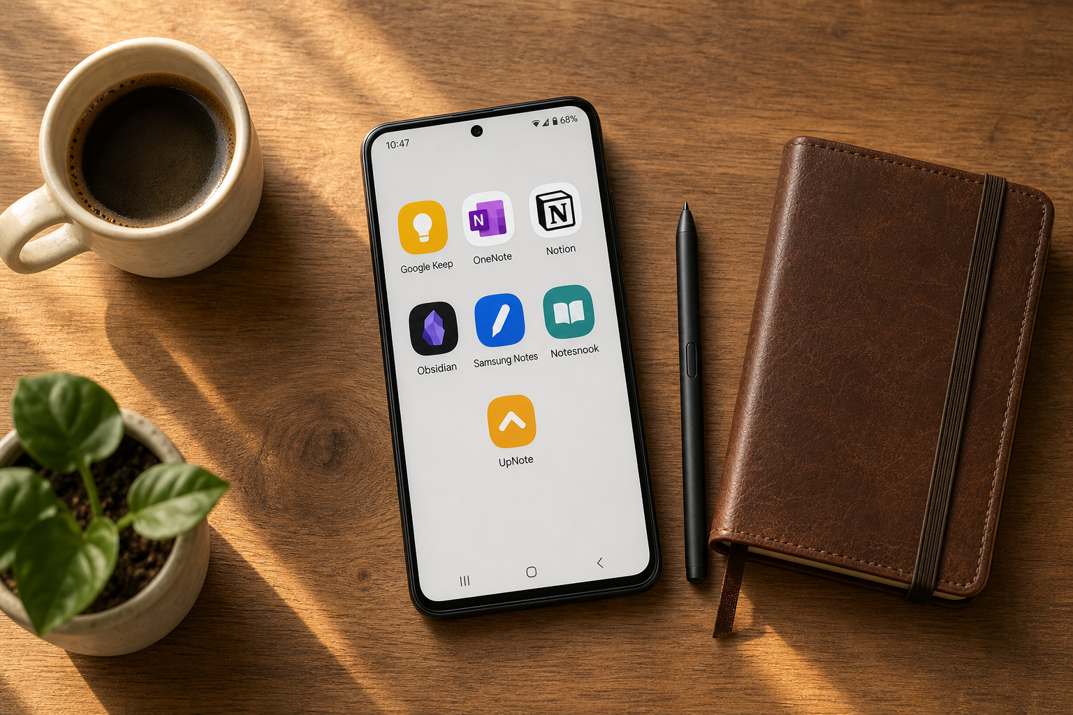Top-down flat-lay on a warm wooden desk: an Android phone at center shows a grid of colorful note-taking app icons, surrounded by a dark stylus pen, a brown leather notebook with elastic band, and a white coffee cup.